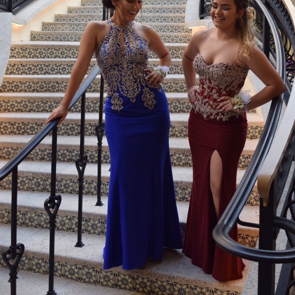 Navy blue prom dress/wedding with gold detailing